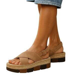 Paloma Barcelo Lynde Tan Suede Jute Espadrille Two Tone Platform Sandal Women 38